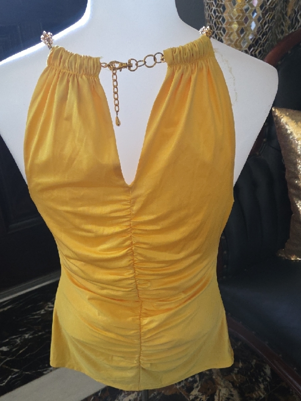Cache Yellow One-Shoulder Chain-Trim Halter Top - Picture 2 of 4